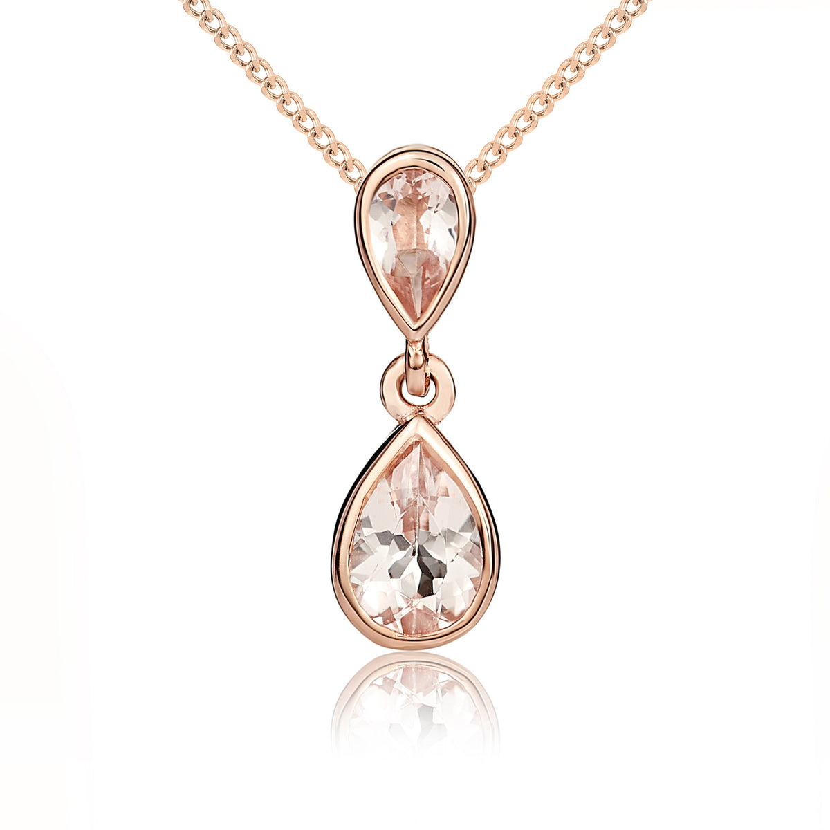 9CT RG PEARSHAPE MORGANITE RUBOVER 2ST DROP PENDANT