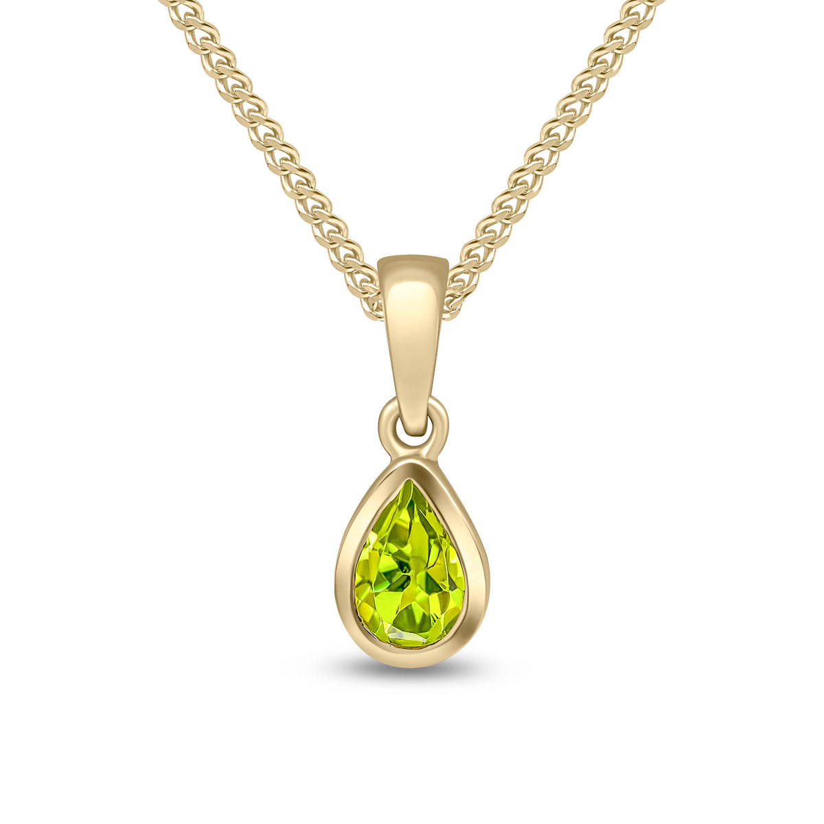 9CT YG 6X4 PEARSHAPE PERIDOT RUBOVER SINGLE STONE PENDANT