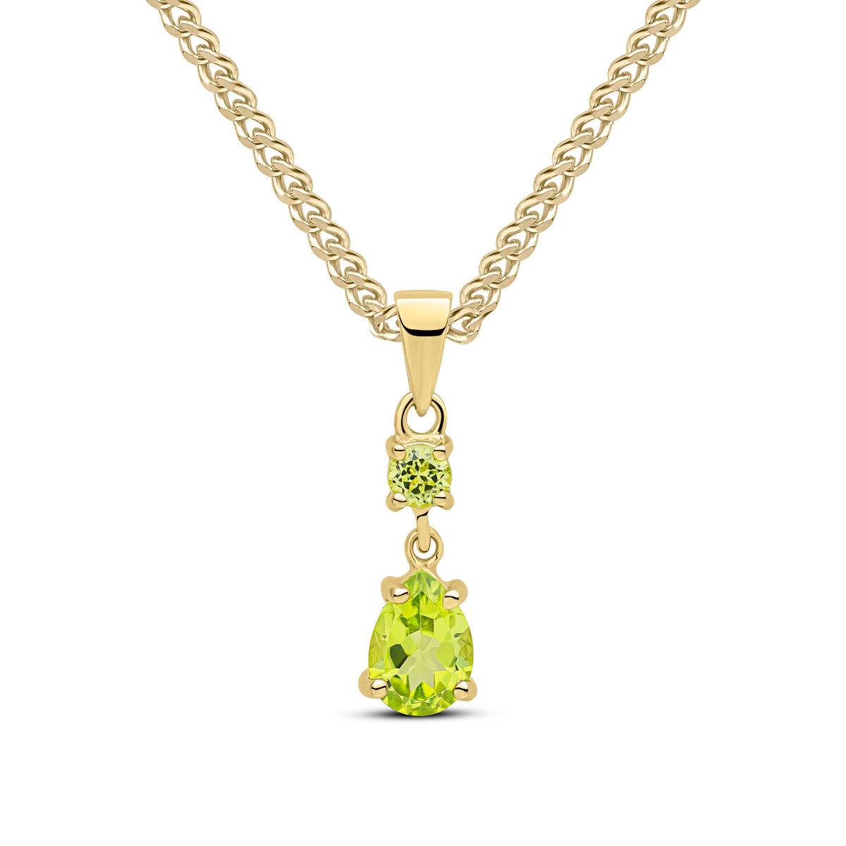 9CT YG ROUND AND PEARSHAPE PERIDOT CLAW SET 2ST DROP PENDANT