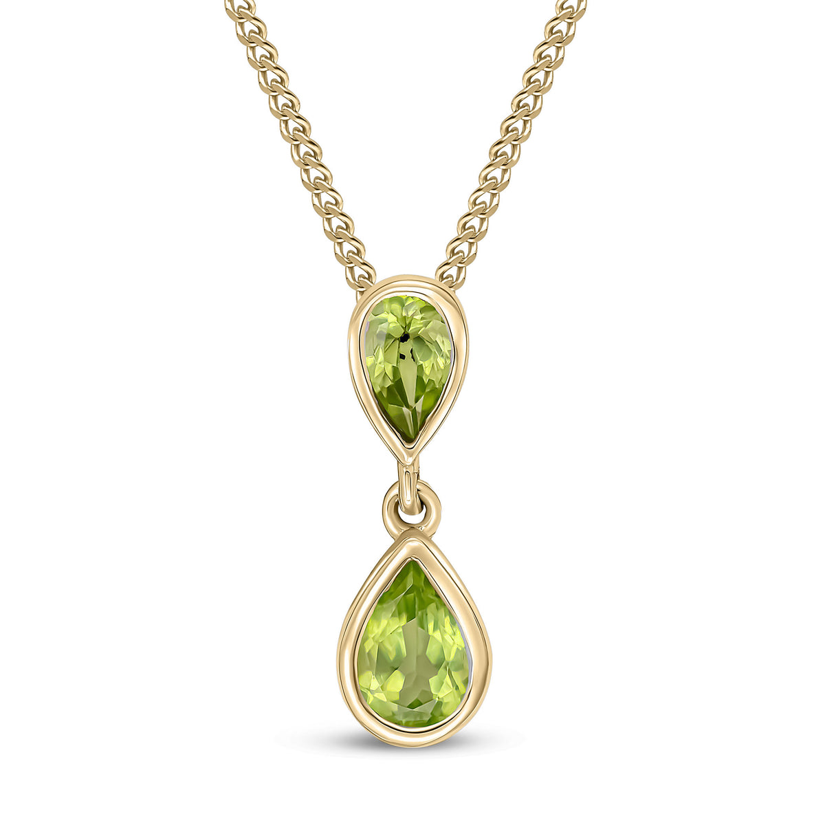 9CT YG PEARSHAPE PERIDOT 2 STONE RUBOVER DROP PENDANT