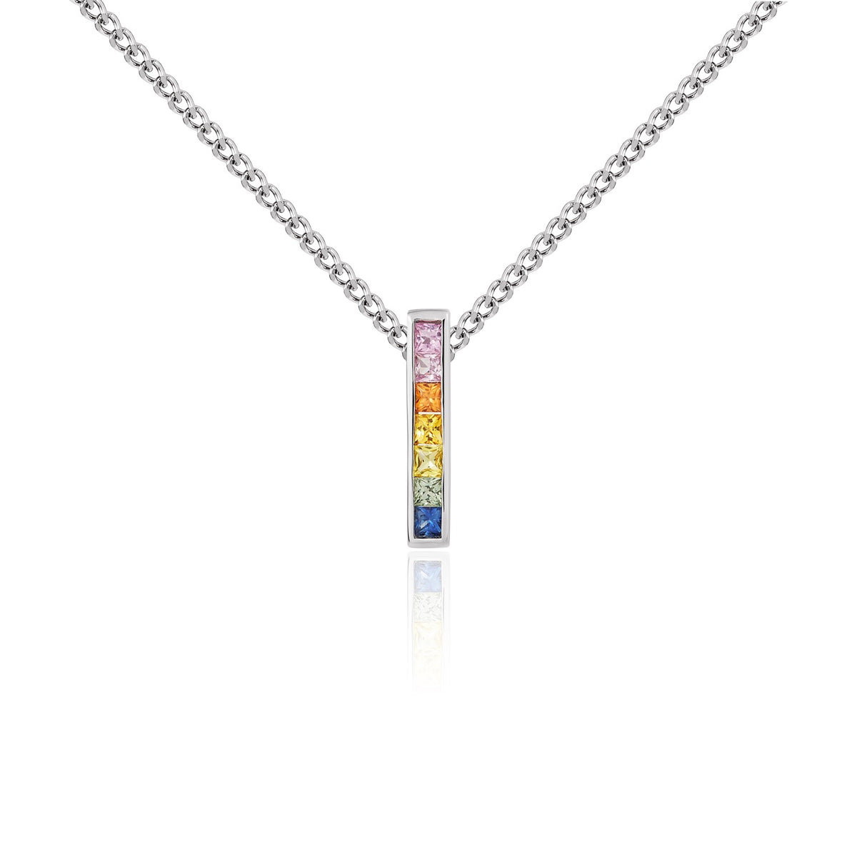 9CT WHITE GOLD SQUARE MULTI-SAPPHIRE CHANNEL SET BAR SLIDER PENDANT