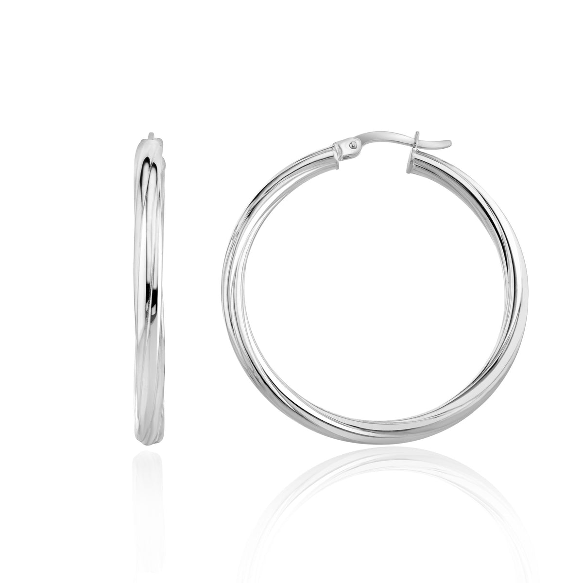 9CT White Gold 3MM Twist Tube Hoop Earrings. 36MM Outer Diameter