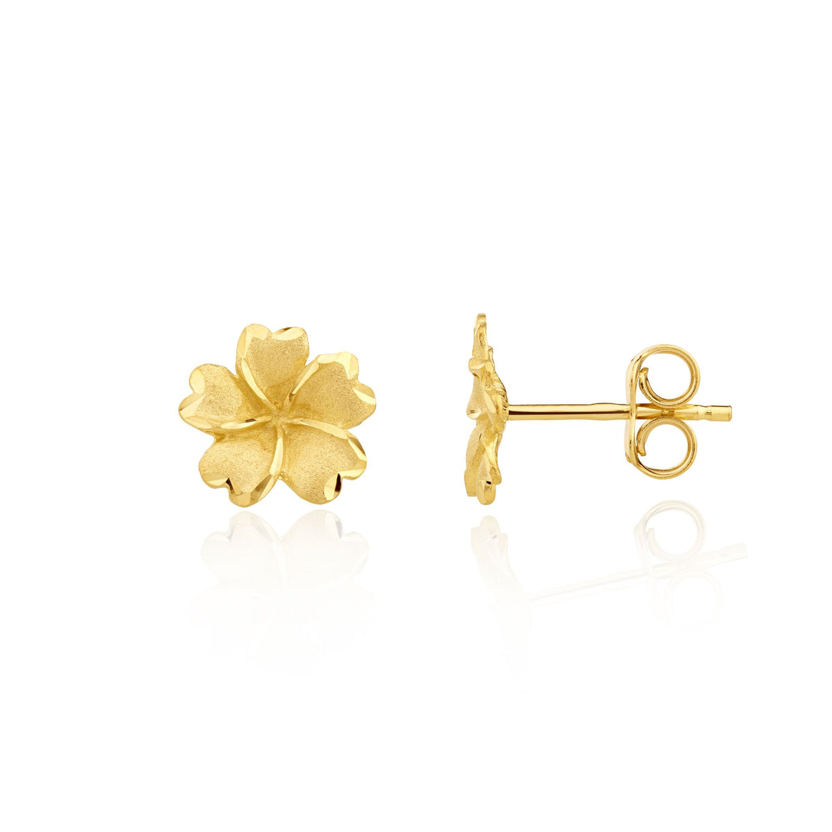9CT Yellow Gold Satin 9MM Flower With Polished Edge Stud Earrings