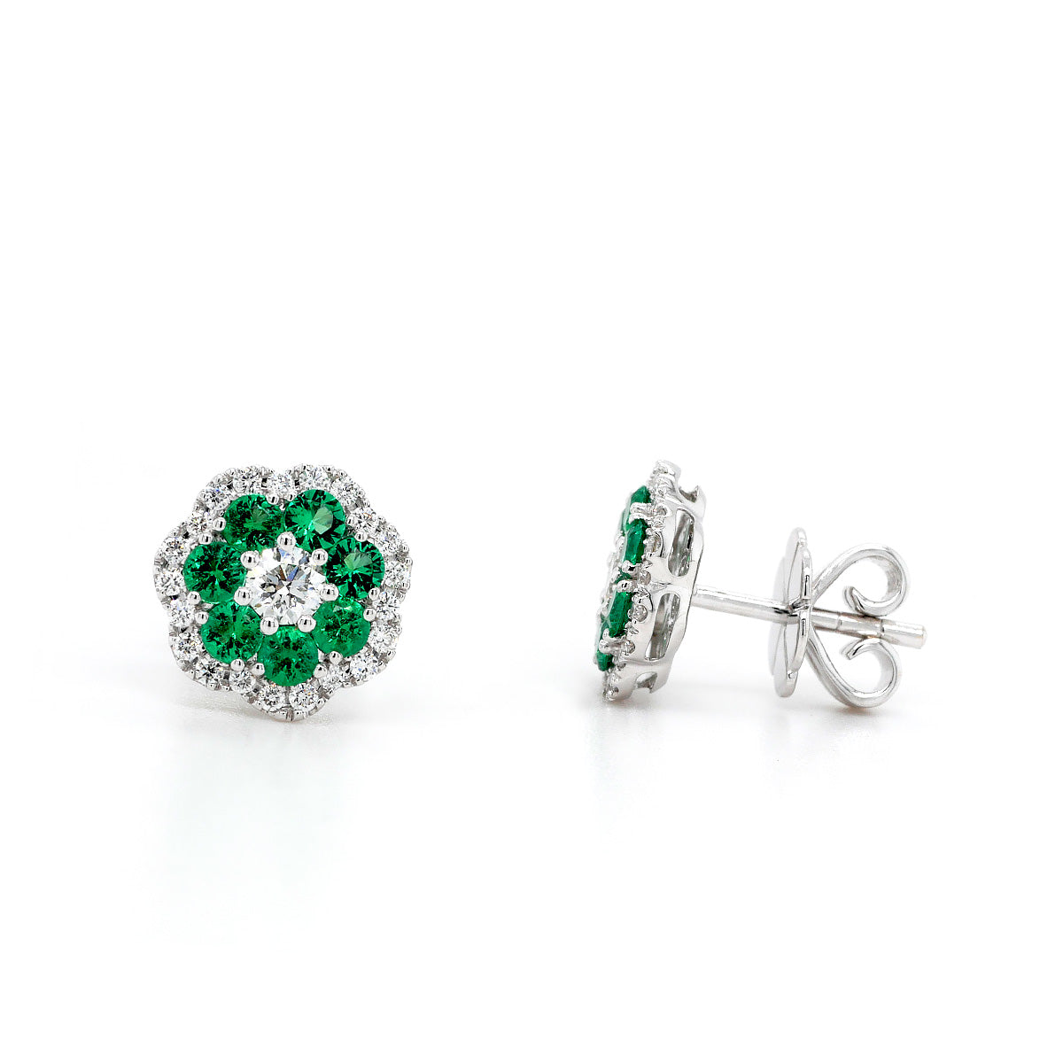 18ct White Gold Emerald and Diamond Flower Stud Earrings
