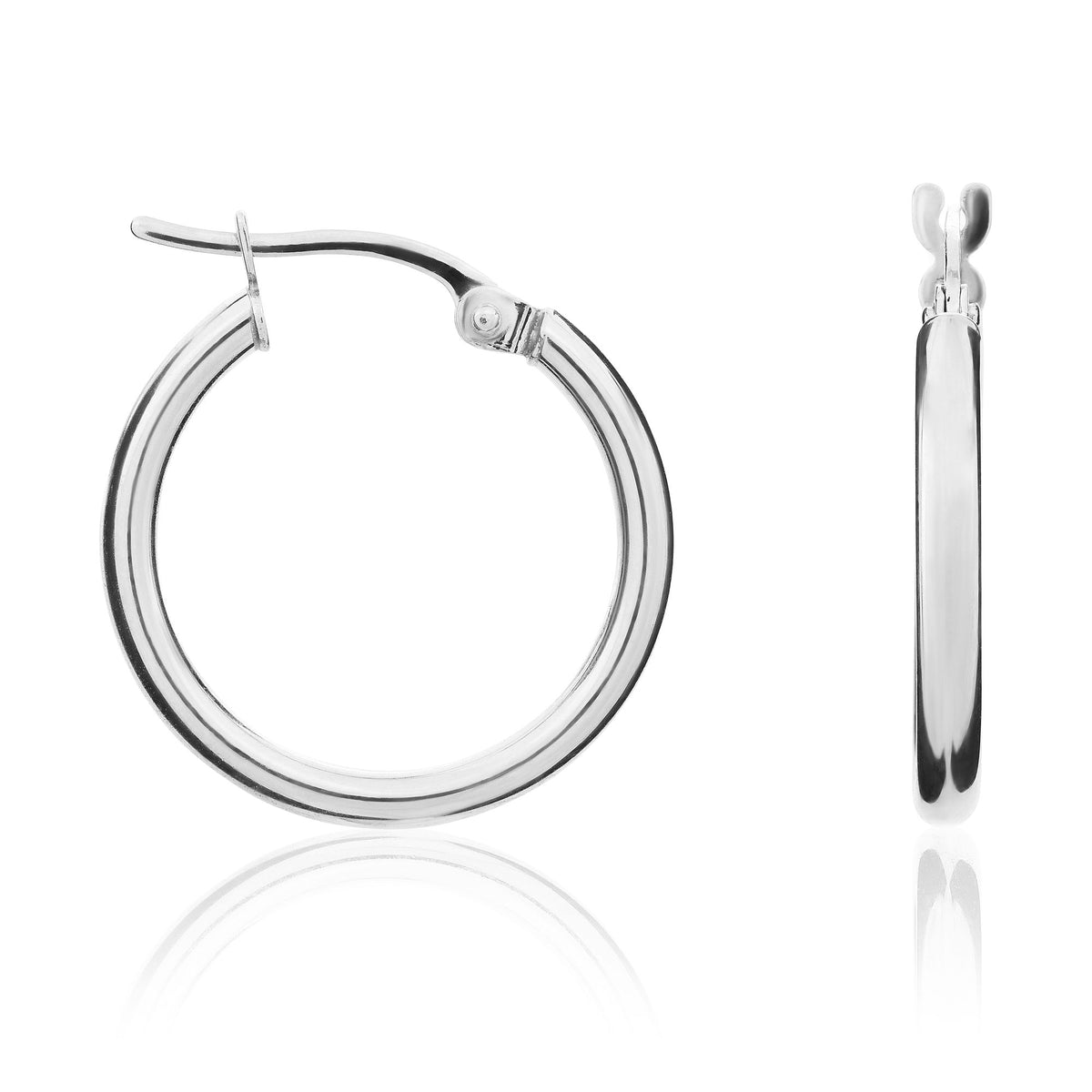 18CT White Gold Polished 2MM Round Tube Hoop Earrings. 19MM Outer Diameter