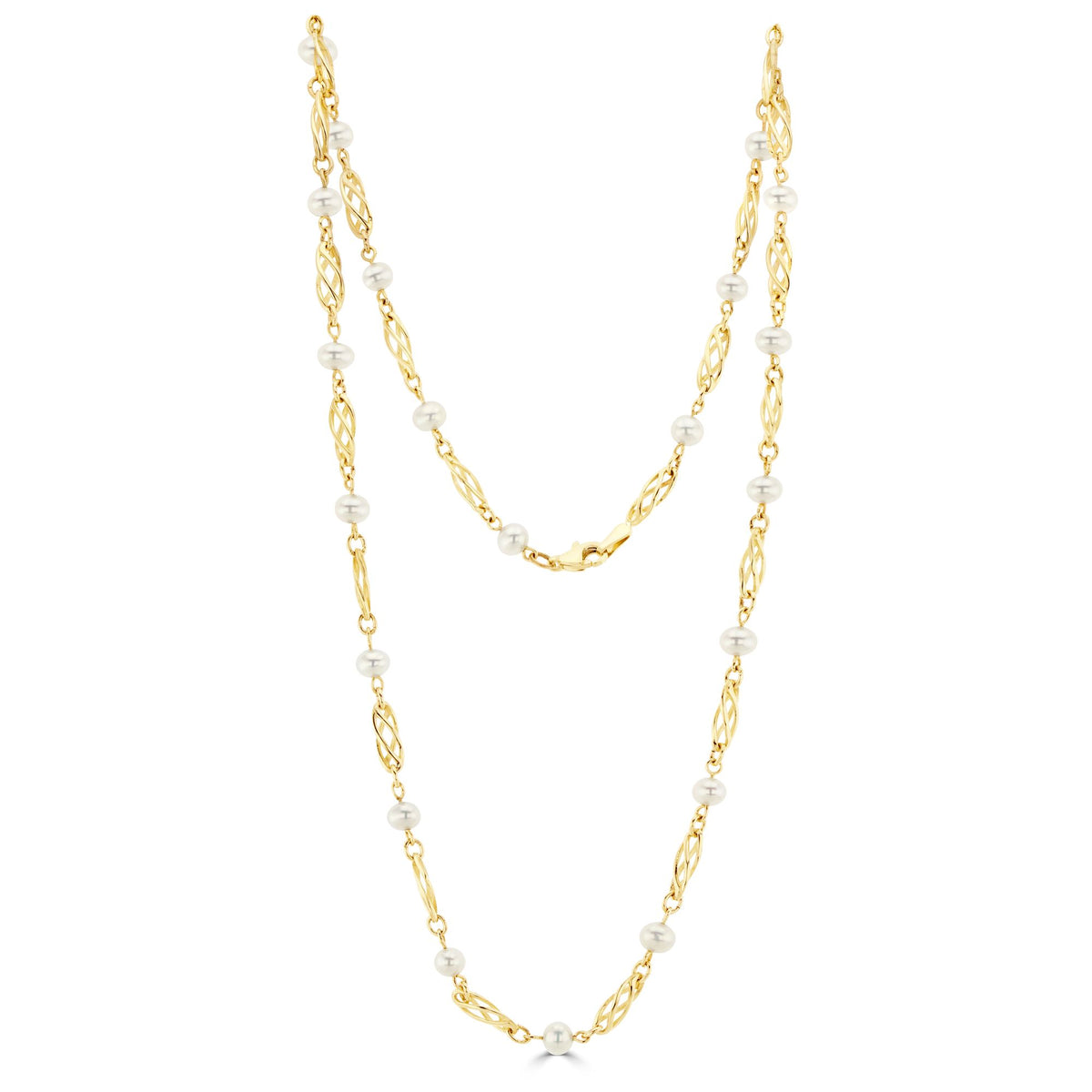 9CT Yellow Gold Cultured Freshwater Pearl And Open Twist Motif Necklace. 18"