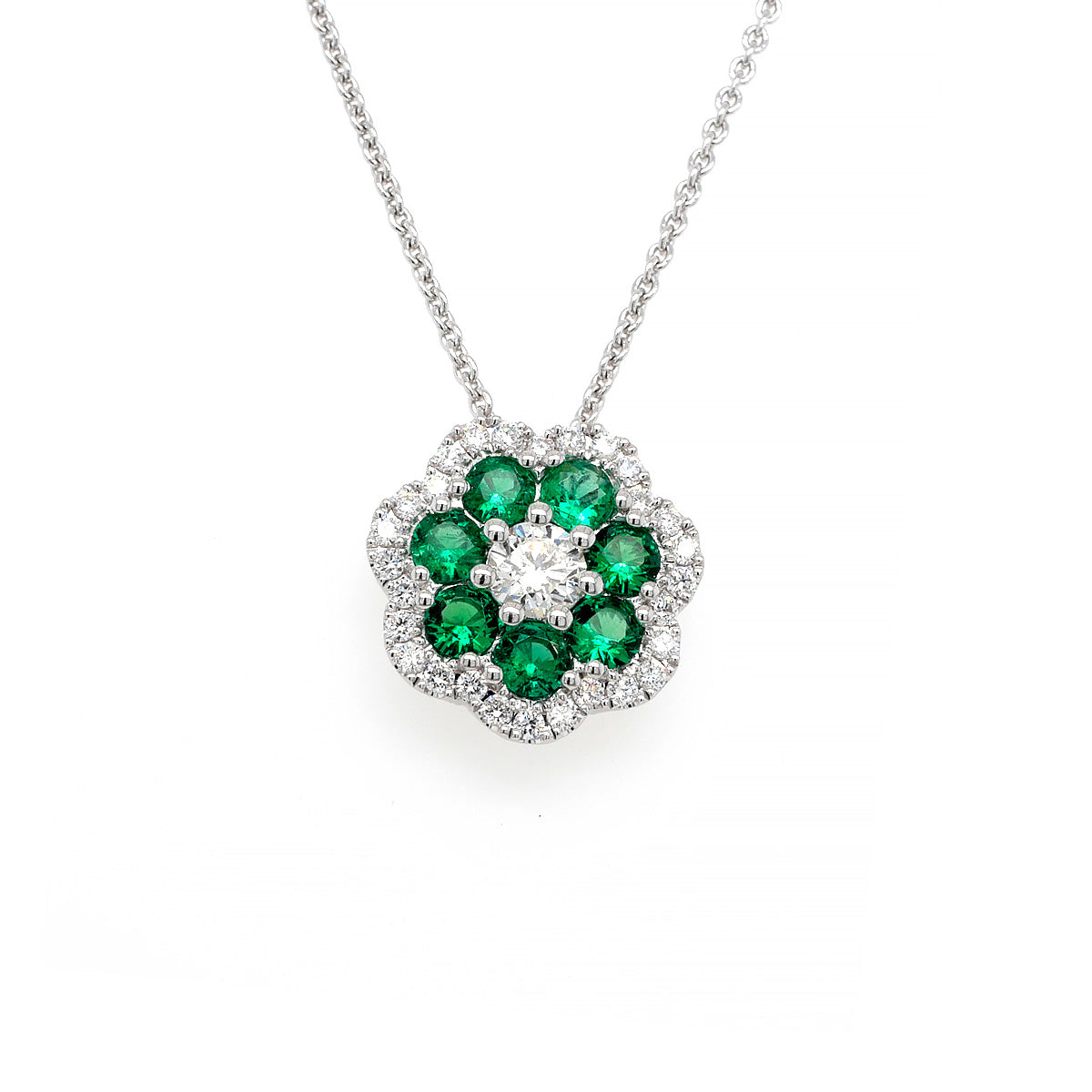 18ct White Gold Emerald and Diamond Flower Pendant with Chain