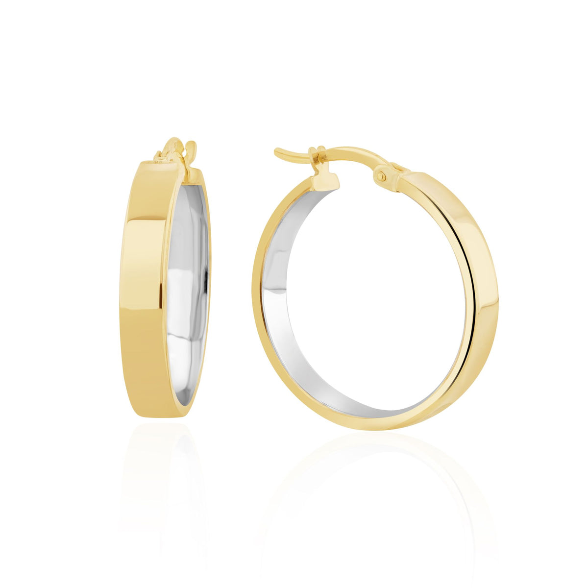 9CT Yellow Gold Flat 4MM Wide Hoop Earrings With White Gold Inner