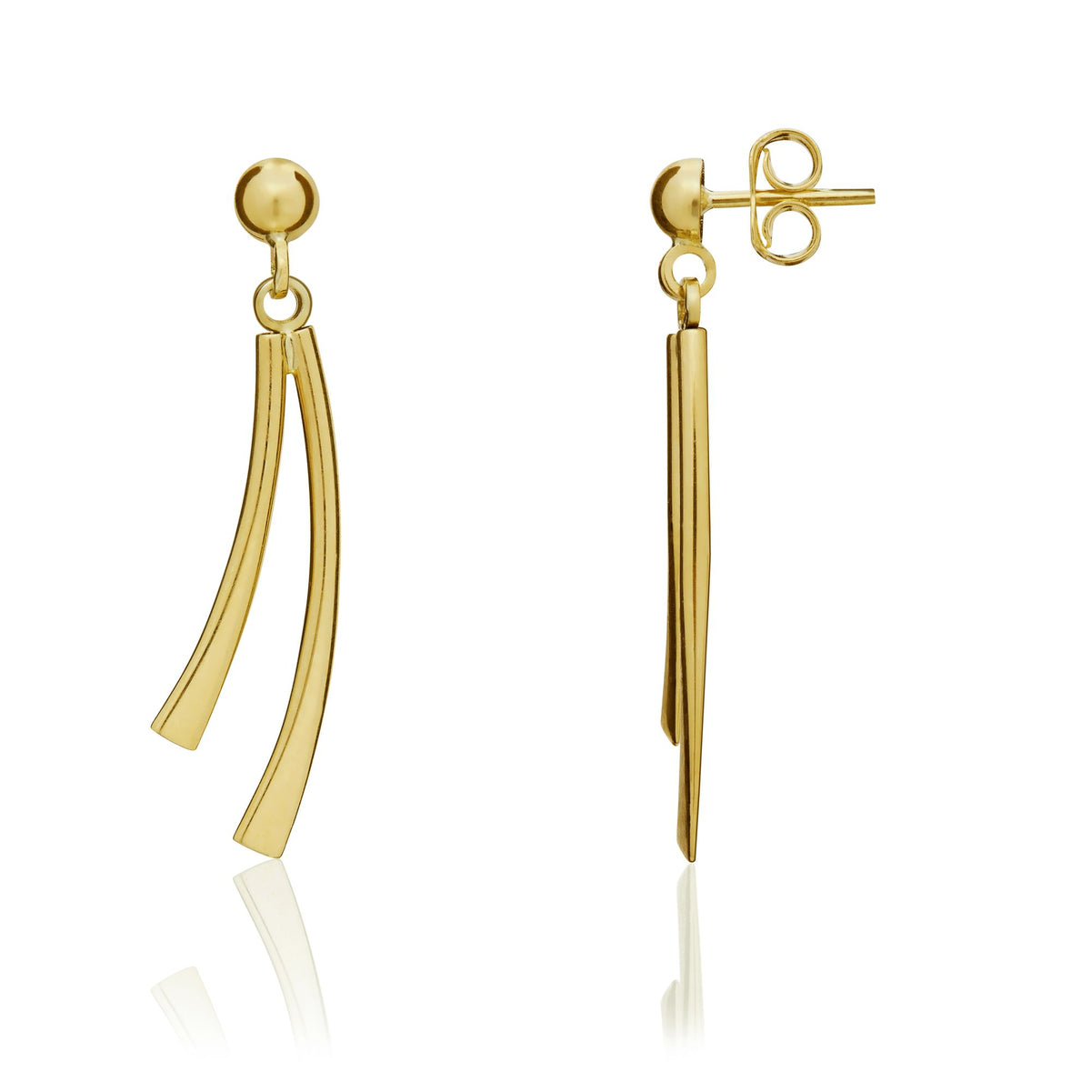 9CT Yellow Gold Polished 2 Row Curve Drop Earrings With Half Bead Top