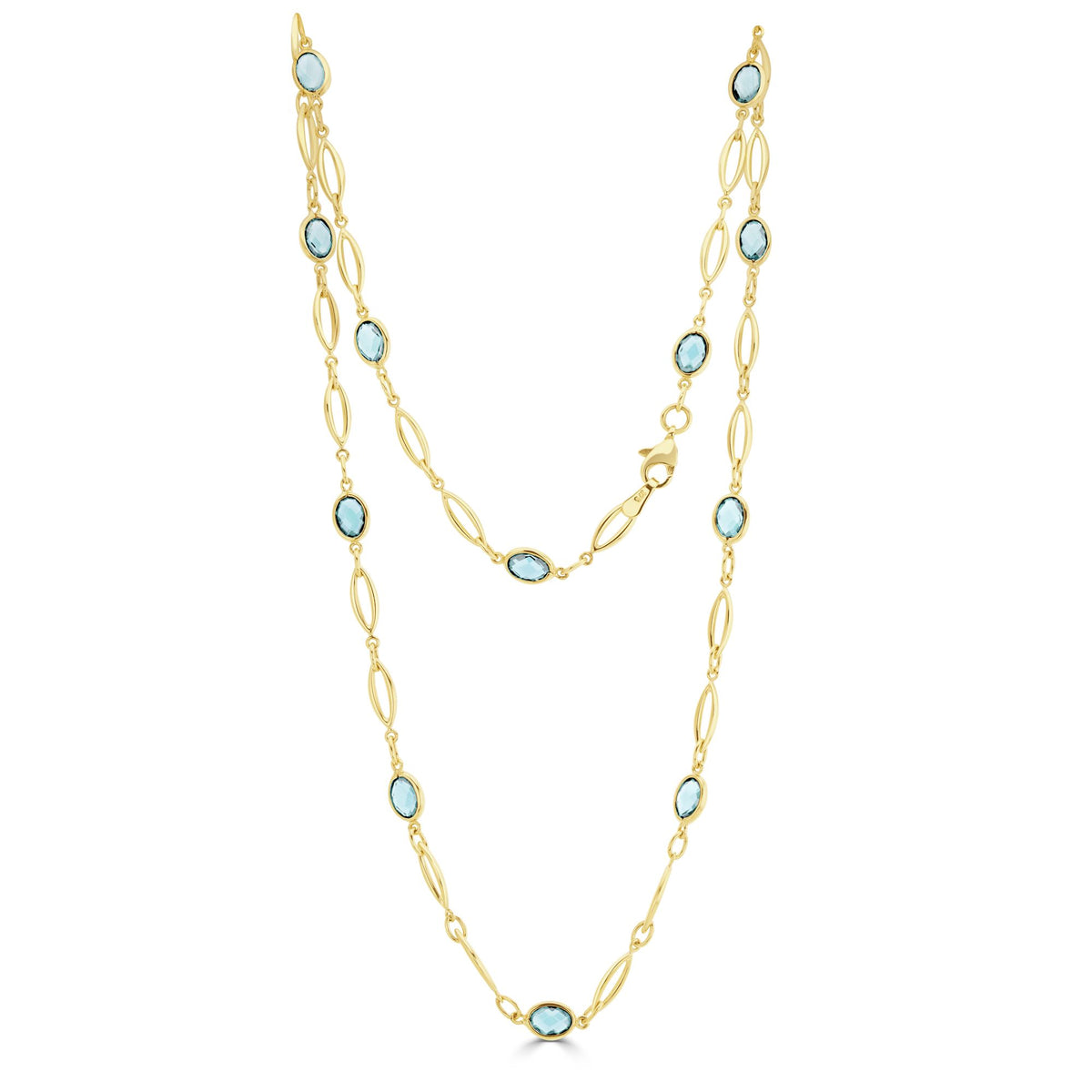 9CT Yellow Gold Oval Swiss Blue Topaz & Gold Marqiuse Motif Necklace. 18"