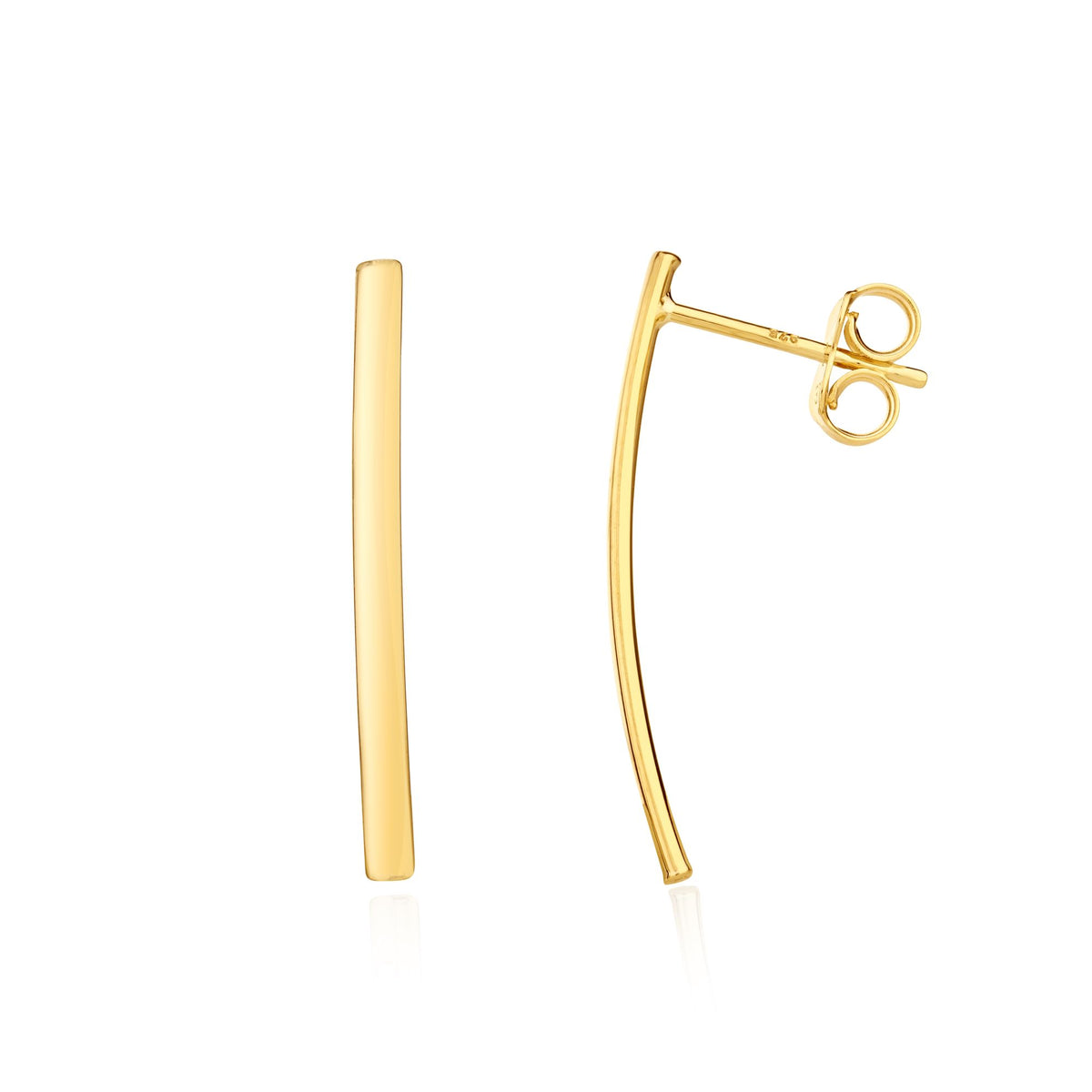 9CT Yellow Gold Polished Curved Bar Earrings. 25MM Long