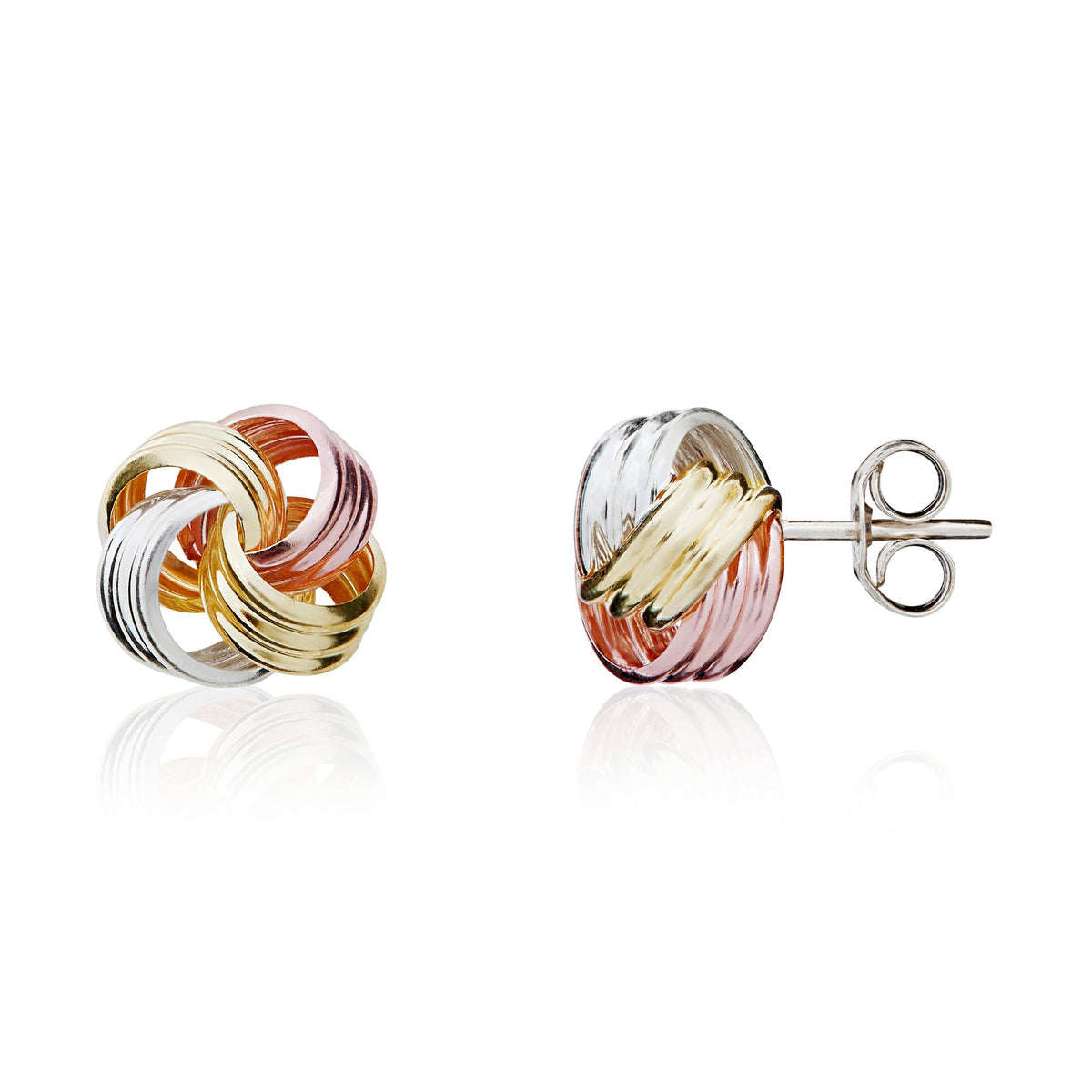 9CT Yellow, White And Rose Gold Ribbed Loops Knot Earrings