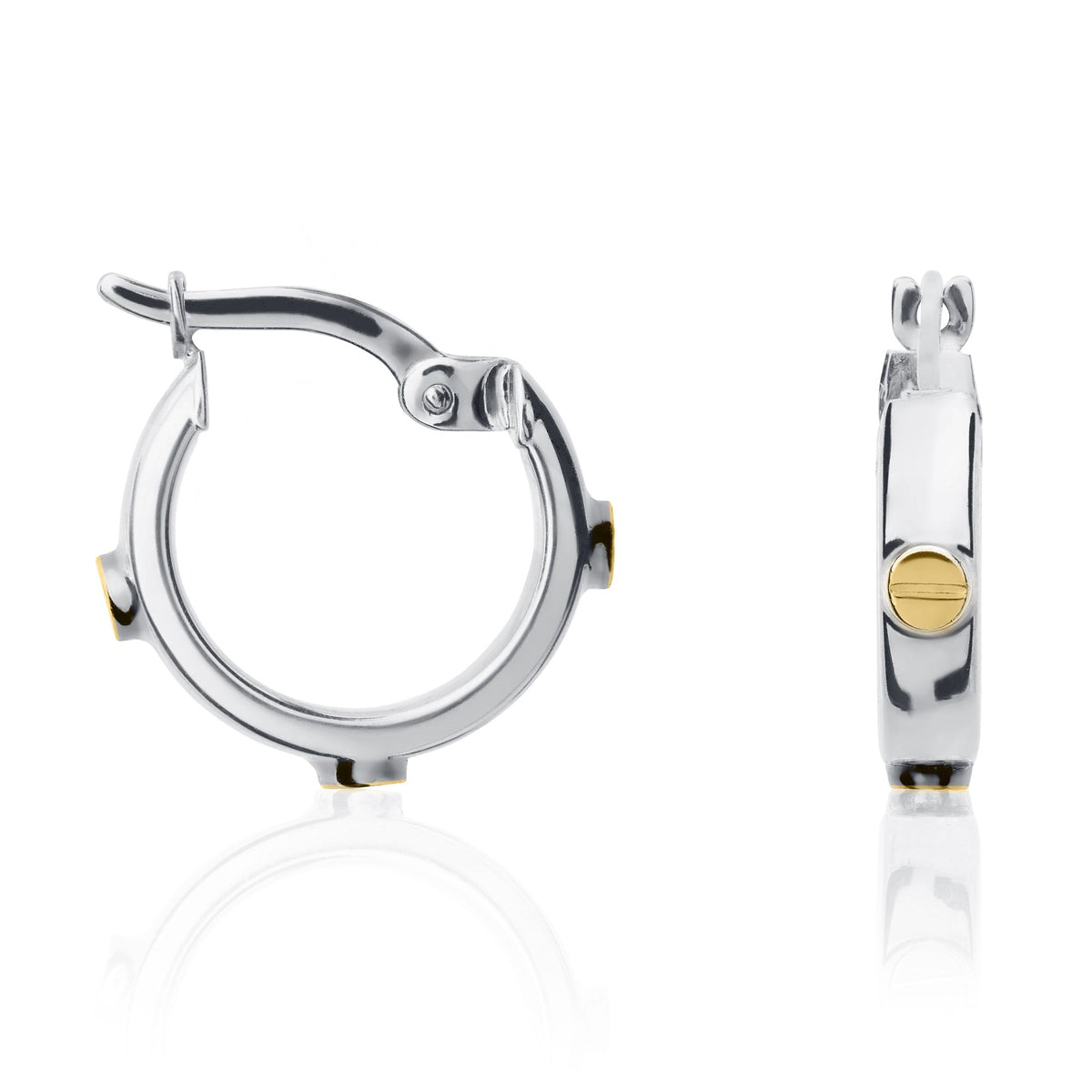 9CT White Gold Square Profile Hoop Earrings With Yellow Gold Screw Motifs.13MM Outer Diameter