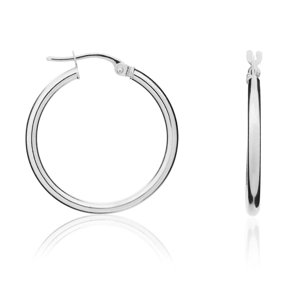9CT White Gold 2MM Polished Tube Hoop Earrings. 24MM Outer Diameter