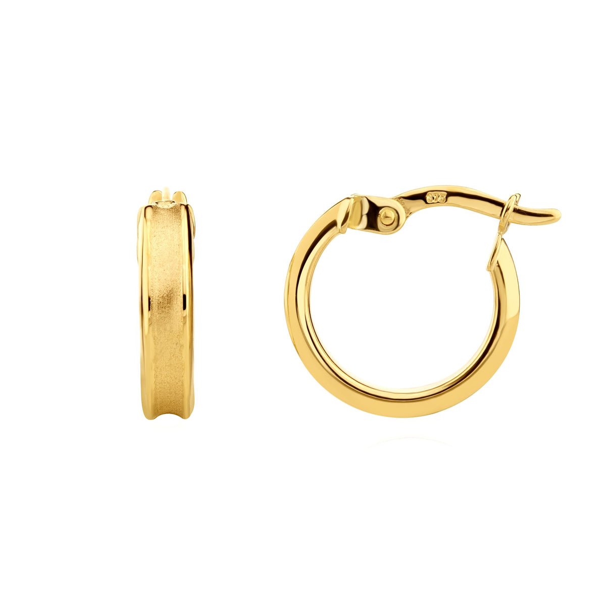 9CT Yellow Gold Satin Concave Hoop Earrings With Polished Edges