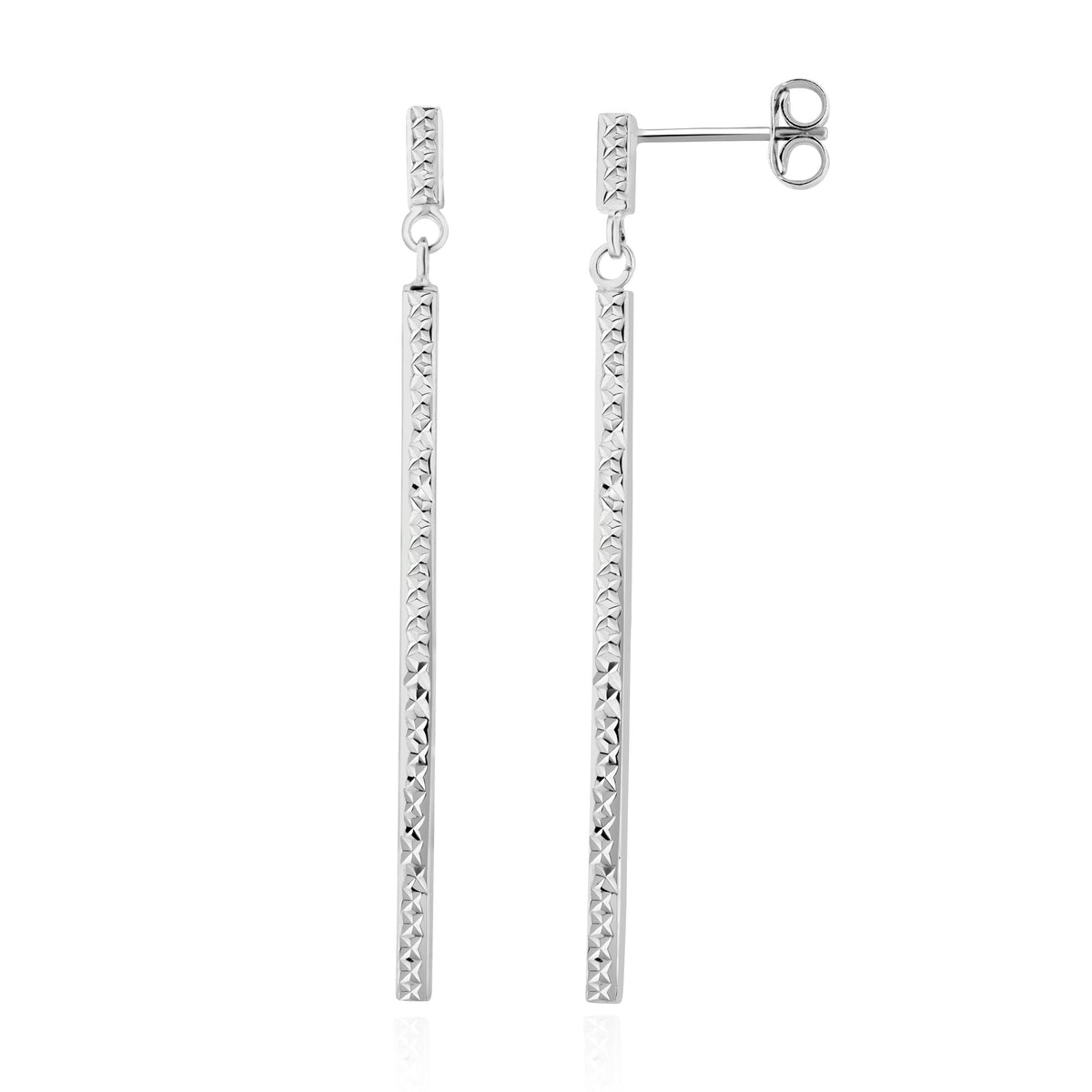 9CT White Gold Engine-Turned Pattern Bar Drop Earrings
