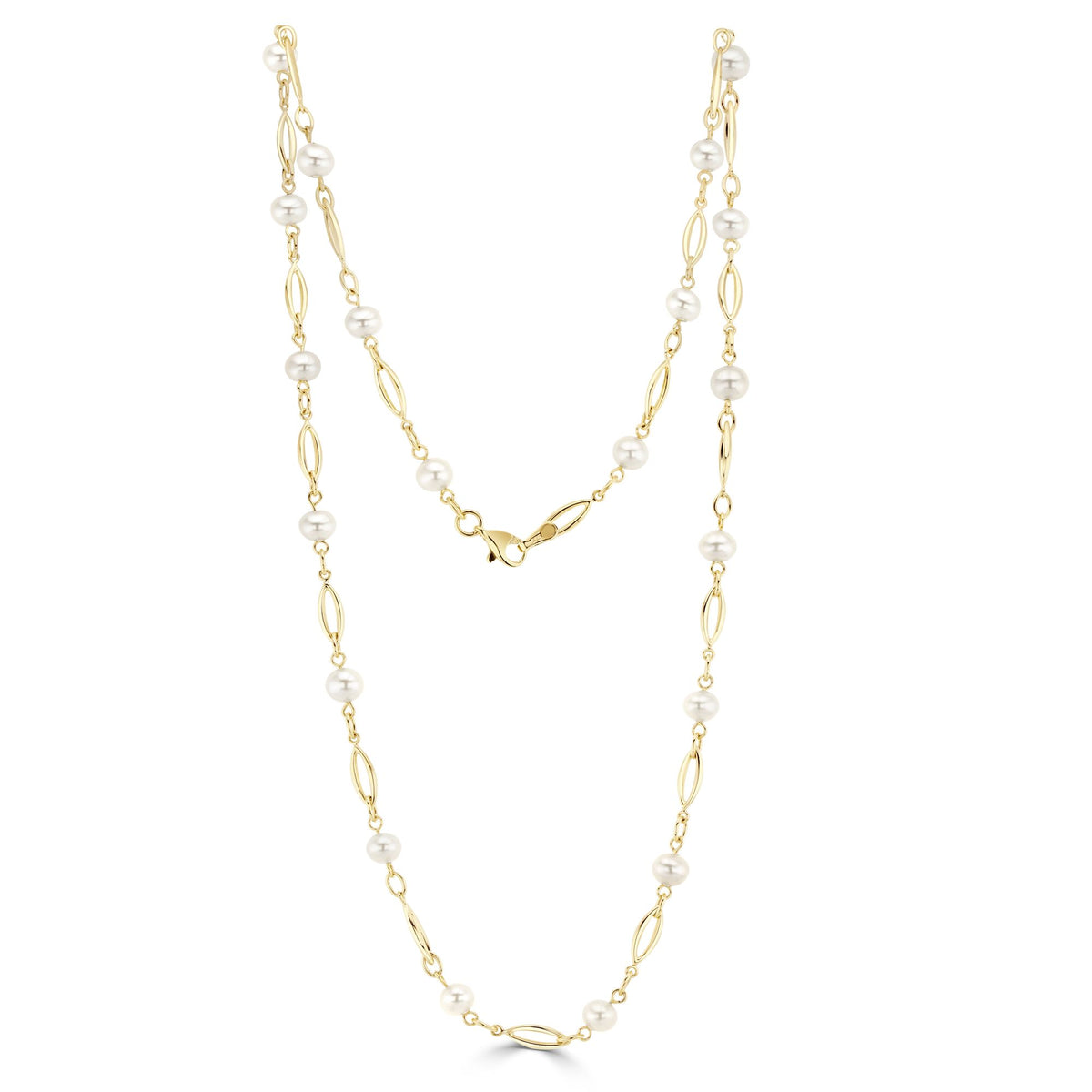 9CT Yellow Gold 18" Open Marquise-Shape Link And Cultured Freshwater Pearl Necklace
