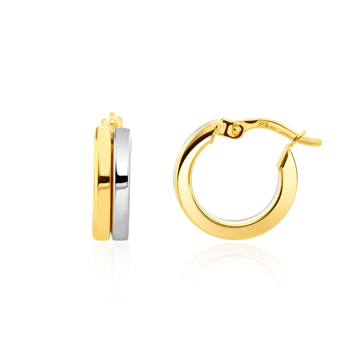 9CT Yellow & White Gold 2 Row Flat Tube Round Small Hoop Earrings