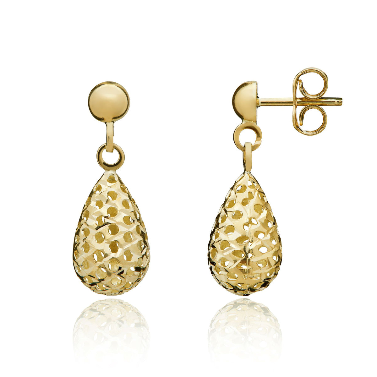 9CT Yellow Gold Pierced Out Bombe Drop Earrings With Polished Half Bead Top