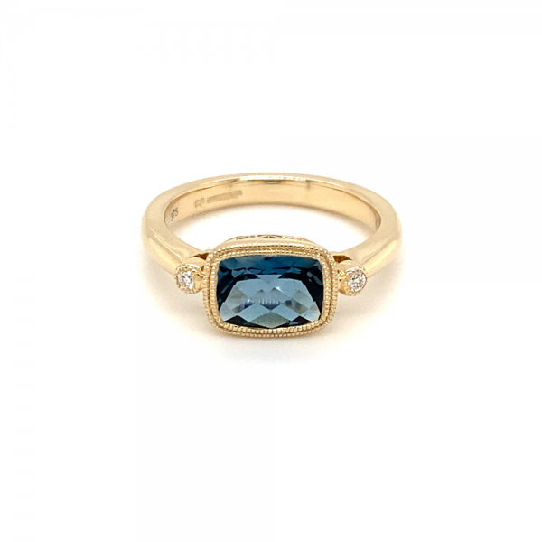 9ct Yellow Gold Filigree London Blue Topaz & Diamond Ring