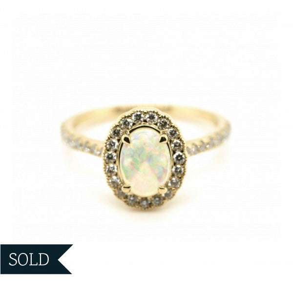 18ct Yellow Gold Opal & Diamond Halo Ring